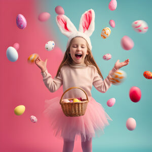 Happy Easter greetings Little girl holding basket with Easter eggs